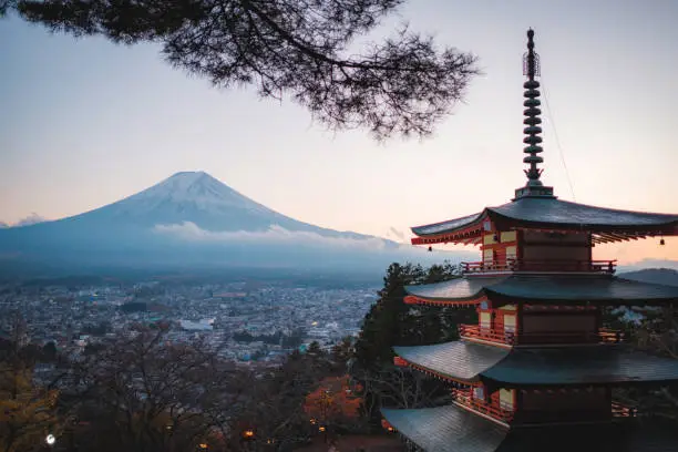 Japanese temple with Mt. Fuji
